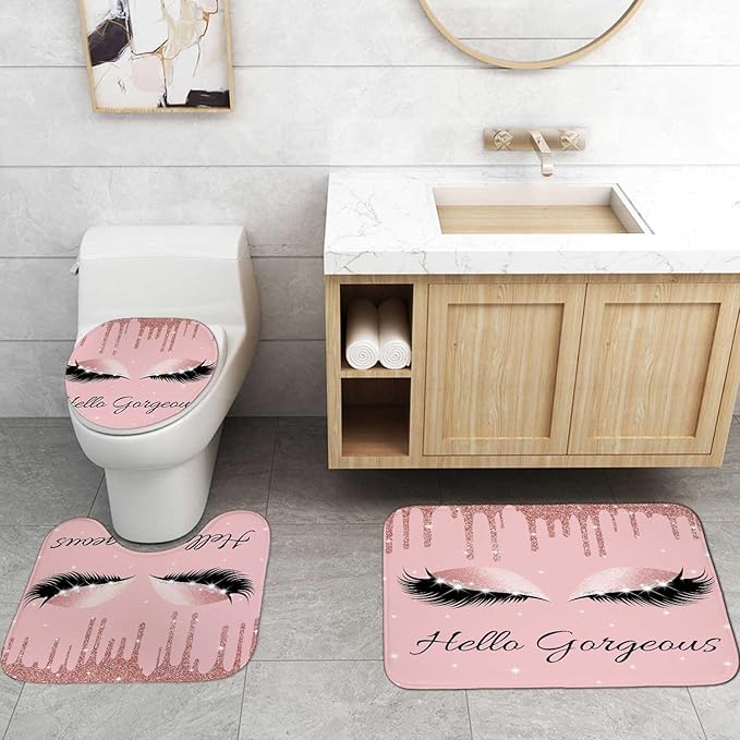 4PCS Hello Gorgeous Unicorn Eyelash Shower Curtain Set Luxury Diamond Rose Gold Glitter Eyeshadow Makeup Pink Glam Beauty Fashion Girly Women Bathroom Decor Non-slip Bath Mat Toilet Rug, Bling-Velvo Beauty