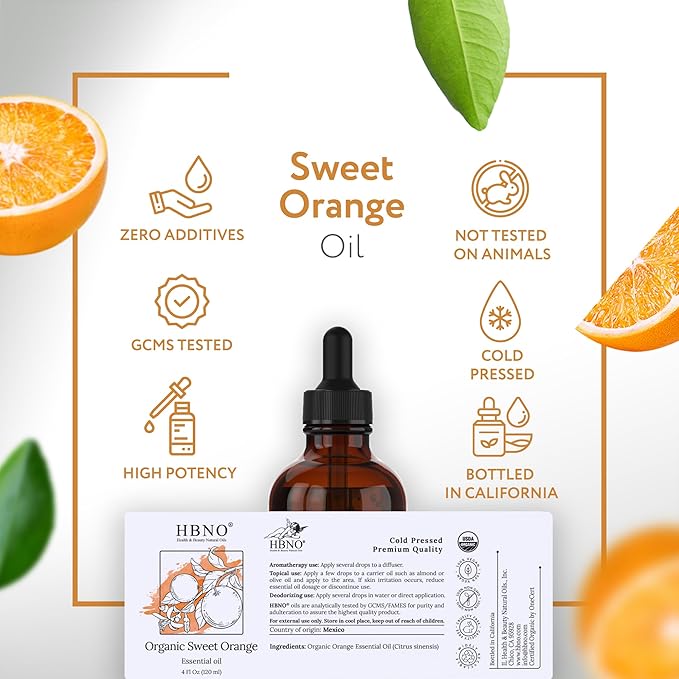 HBNO Organic Orange Essential Oil - Huge 4 oz (120ml) Value Size - USDA Certified Organic Orange Essential Oil, Cold Pressed for Aromatherapy, Soap Making, DIY, Diffuser-Velvo Beauty