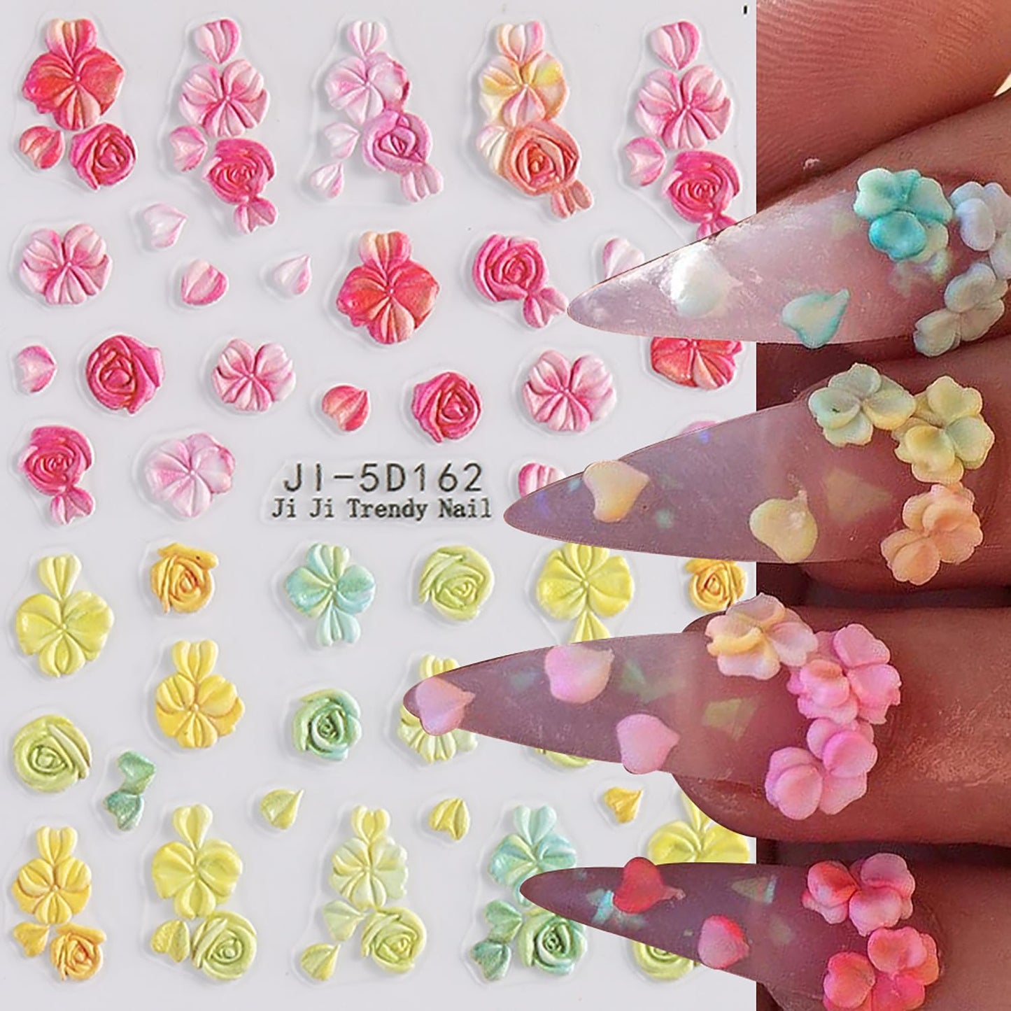 4 Sheets 5D Flower Nail Art Sticker Stereoscopic Floral Self-Adhesive Nails Stickers Blossom Nail Art Decals Holographic Flowers Decal for Women Pink Blue Red Manicure Stickers DIY Nails Supplies-Velvo Beauty