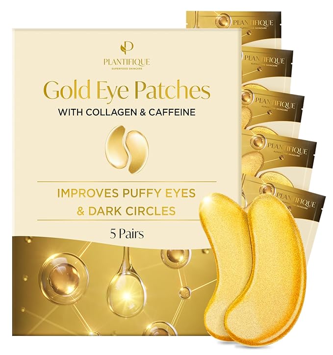 PLANTIFIQUE Gold Under Eye Patches for Puffy Eyes and Dark Circles 5 Pairs Under Eye Masks for Dark Circles and Puffiness Eye Gels with Collagen & Caffeine Eye Patches Gold Eye Mask Skincare-Velvo Beauty