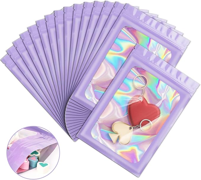 100 Pieces Smell Proof Mylar Bags, Holographic Packaging Bags, Resealable Odor Foil Pouch Zipper Bag with Clear Window for Food Storage and Lipgloss, Jewelry Lash (Purple, 3 x 4.7 Inch)-Velvo Beauty