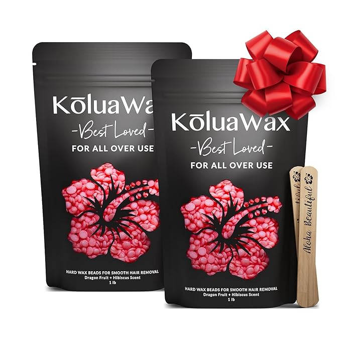 KoluaWax Hard Wax Beads for Hair Removal – Coarse Hair Formula – Face, Brazilian, Underarm, Back Chest, Bikini Waxing – Dragon Fruit & Hibiscus 1lb Refill for Wax Warmers & 10 Applicator Sticks 2 Pack-Velvo Beauty