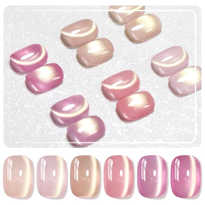RARJSM Jelly Nude Gold Glitter Cat Eye Gel Nail Polish Set 6Pcs Sheer Pink Light Purple Champagne Mavue Brown Diamond Cateye Gelpolish with Magnetic Stick UV LED Curing Require Home Salon Nail Design-Velvo Beauty