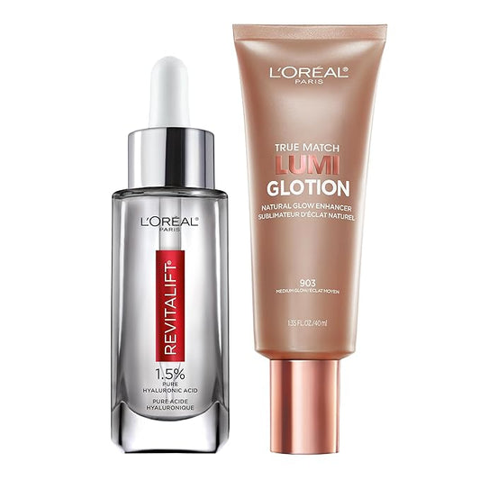 L'Oreal Paris Revitalift 1.5% Pure Hyaluronic Acid Face Serum 1.0 oz + True Match Lumi Glotion Natural Glow Enhancer Lotion, Medium 1.35 fl. oz, 1 kit-Velvo Beauty