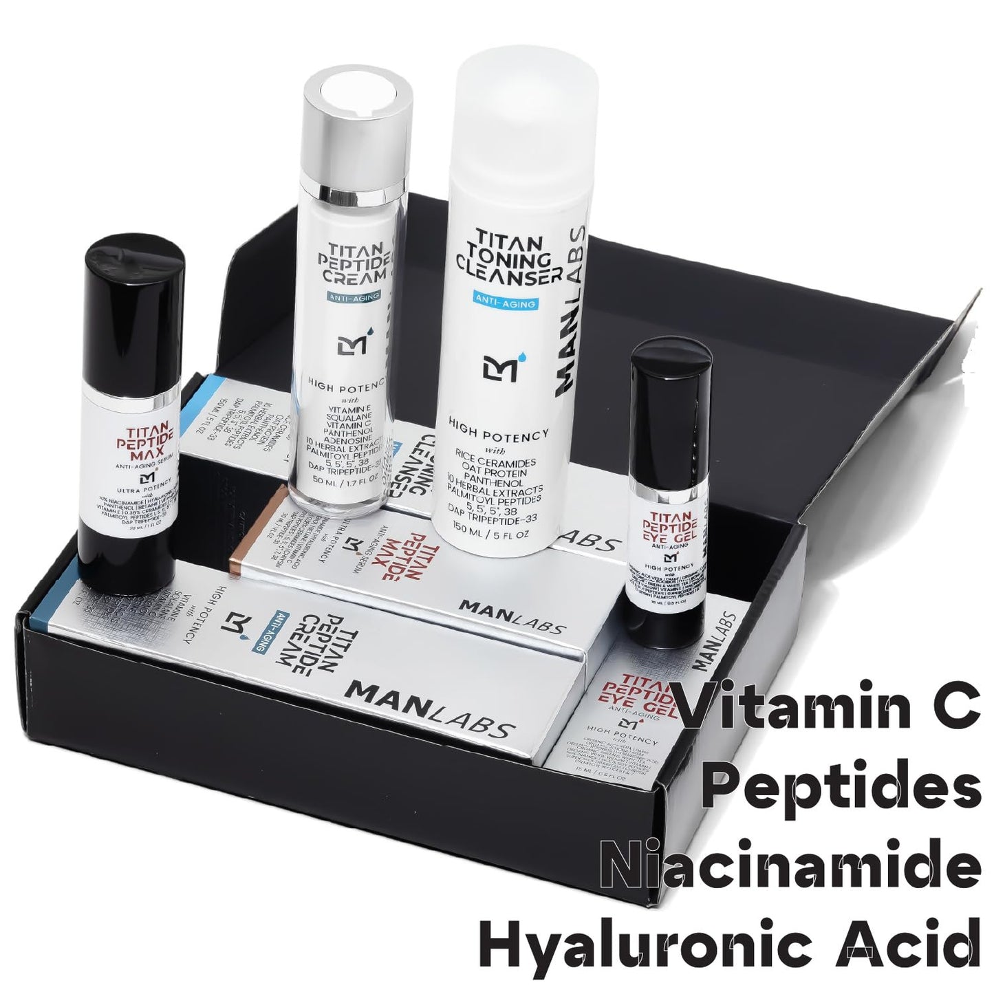 Titan Oscar Anti-Aging Mens Skin Care Kit – Wash, Face Serum, Eye Cream, Mens Face Moisturizer – Men, Skin Care Set – Dark Circles, Wrinkles, Fine Lines – Vitamin C, Peptides, Niacinamide, HA-Velvo Beauty