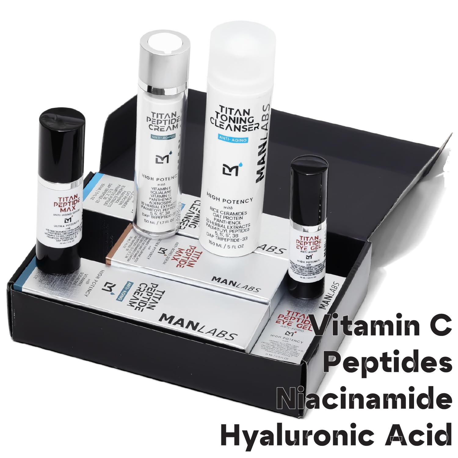 Titan Oscar Anti-Aging Mens Skin Care Kit – Wash, Face Serum, Eye Cream, Mens Face Moisturizer – Men, Skin Care Set – Dark Circles, Wrinkles, Fine Lines – Vitamin C, Peptides, Niacinamide, HA-Velvo Beauty