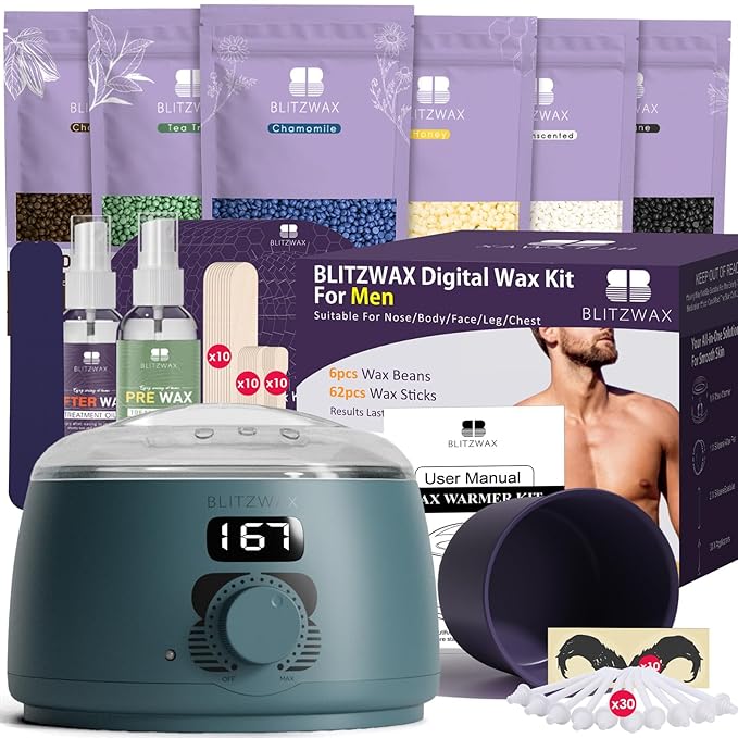 BLITZWAX Back and Nose Waxing Kit for Men, Hard Wax Warmer for Brazilian, Body and Face, At Home Hair Removal Kit, Beginner Friendly, Quick Heating, 93 Accessories, Blue Spruce-Velvo Beauty