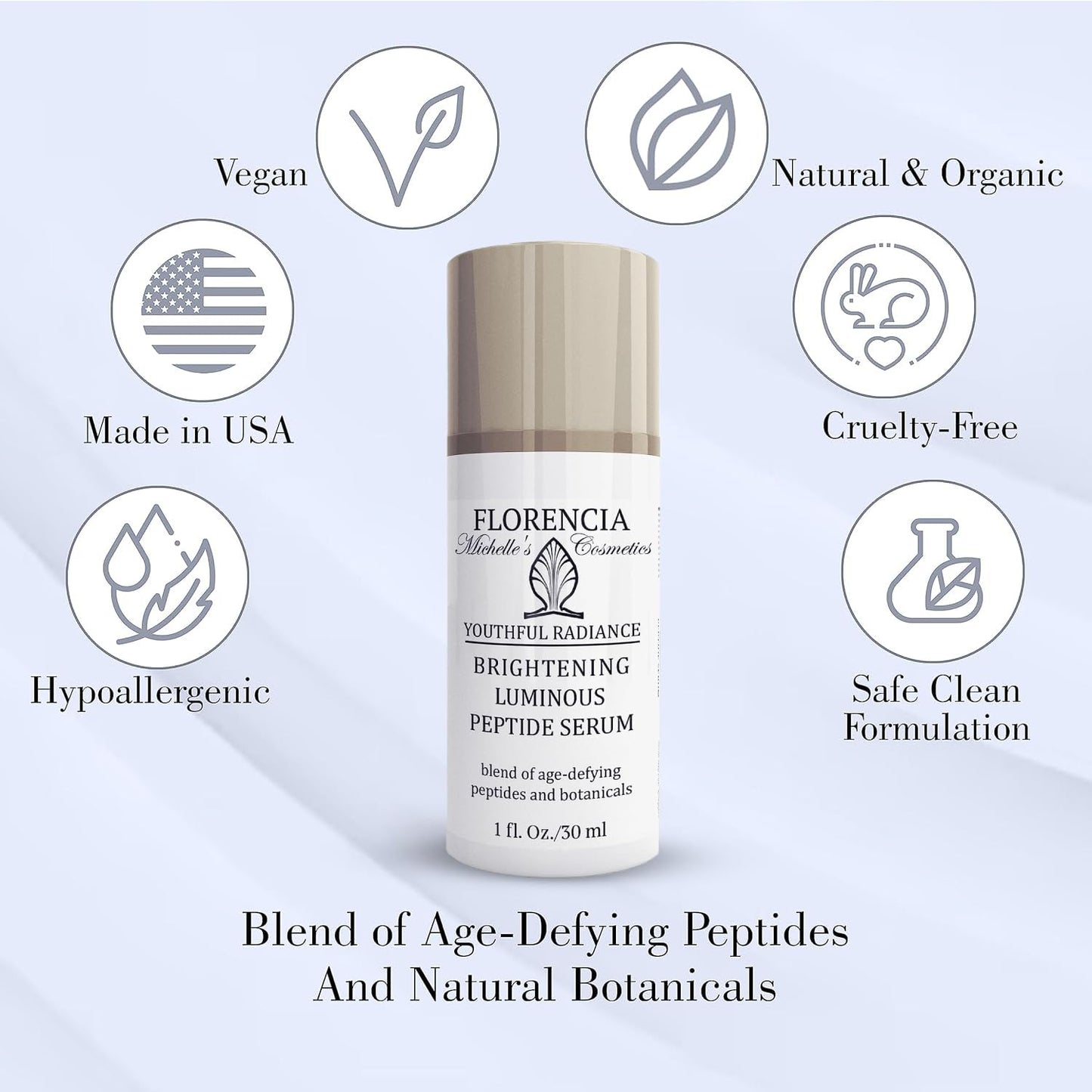 Florencia Brightening Luminous Peptide Serum - Age-Defying Face Serum with Peptides, Sodium Hyaluronate & Organic Botanicals – Helps to Reduce Wrinkles, Illuminate Complexion, 1 Oz-Velvo Beauty