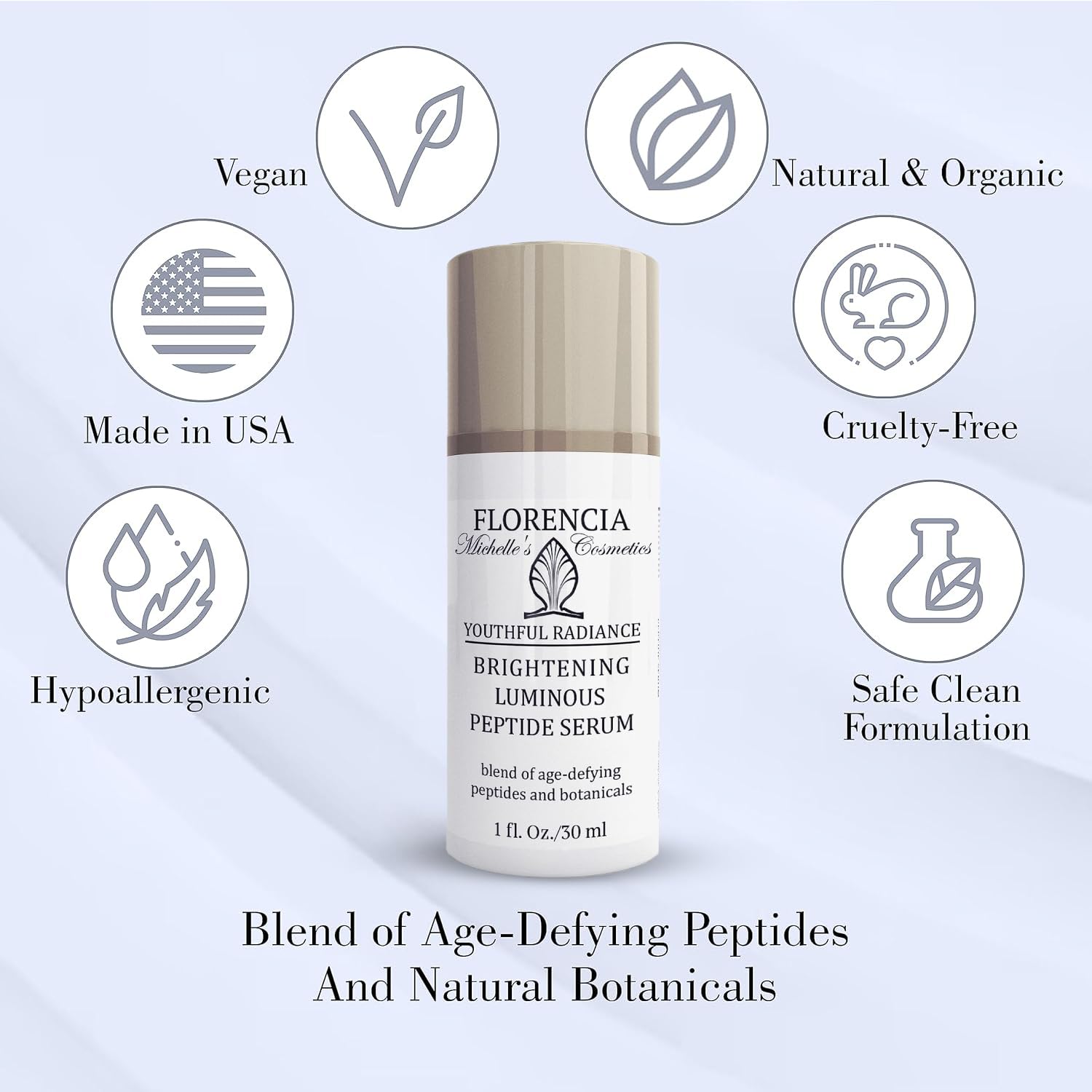 Florencia Brightening Luminous Peptide Serum - Age-Defying Face Serum with Peptides, Sodium Hyaluronate & Organic Botanicals – Helps to Reduce Wrinkles, Illuminate Complexion, 1 Oz-Velvo Beauty