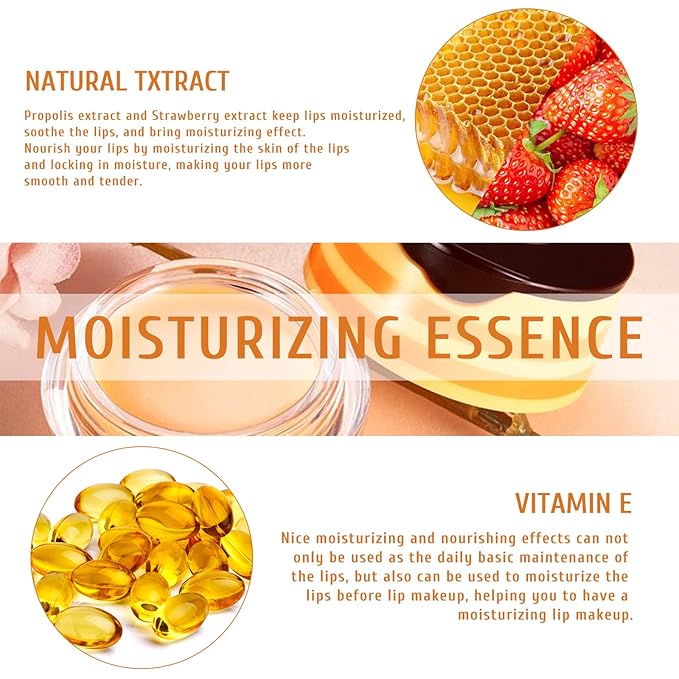 4Pcs Honey Strawberry Lip Balm Honey Pot, Strawberry Lip Sleeping Mask, Overnight Lip Sleeping Mask, Honey Balm Lip Balm Pot, Honey Lip Mask Nourish Lip Scrubs Exfoliator Honey/Strawberry-Velvo Beauty