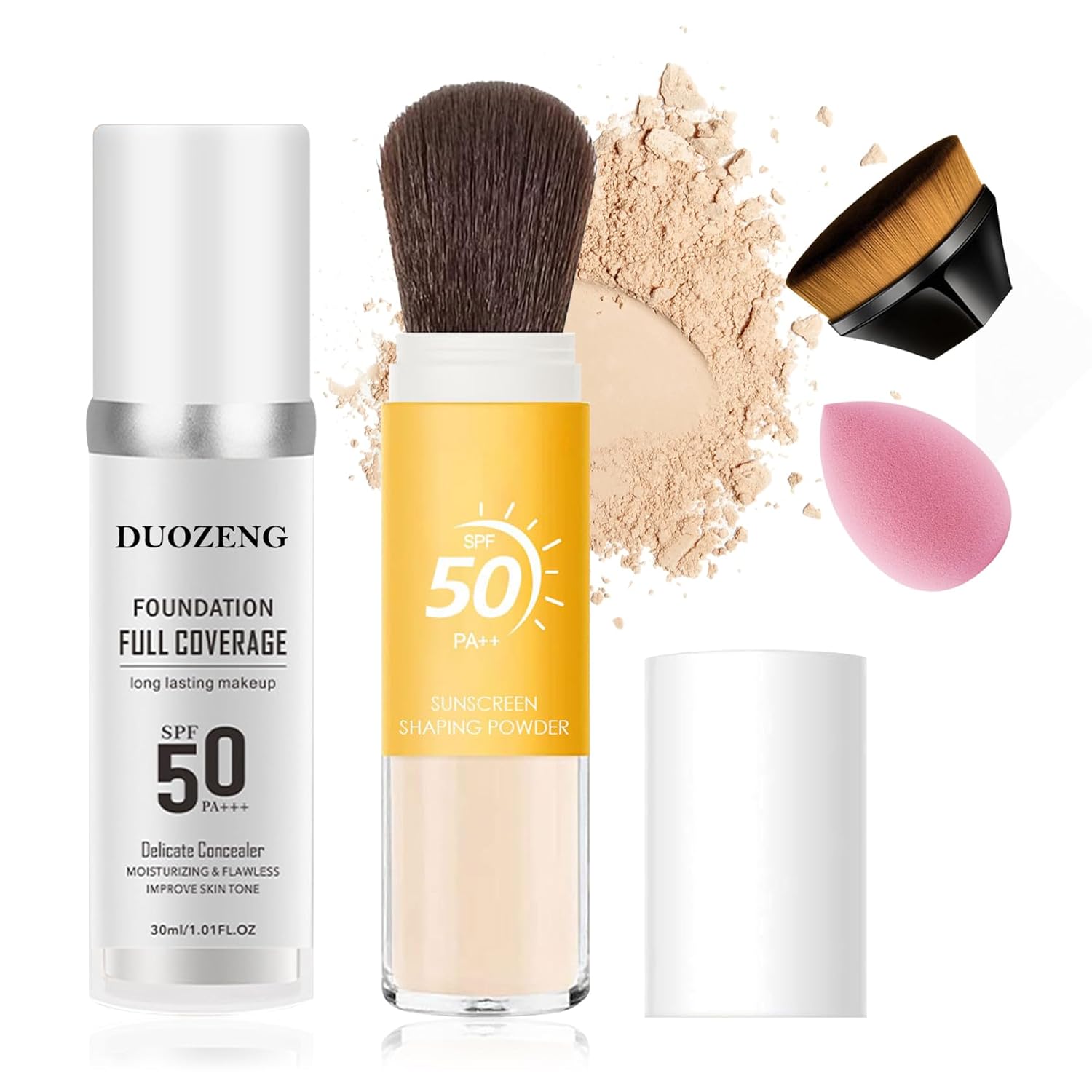Sunscreen Setting Powder,Warm Change Foundation,Brush Setting Makeup SPF 50 PA++ for All Skin,Moisturizing Loose Face Powder with Sunscreen Brush-Velvo Beauty