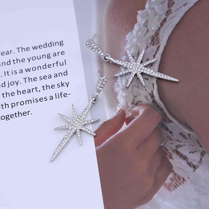 Vintage Crystal Northstar Dangle Earrings Rhinestone Northstar Studs Earrings Gold Cz Star Drop Earrings Sparkly Cz Starburst Earrings Jewelry for Women-Velvo Beauty