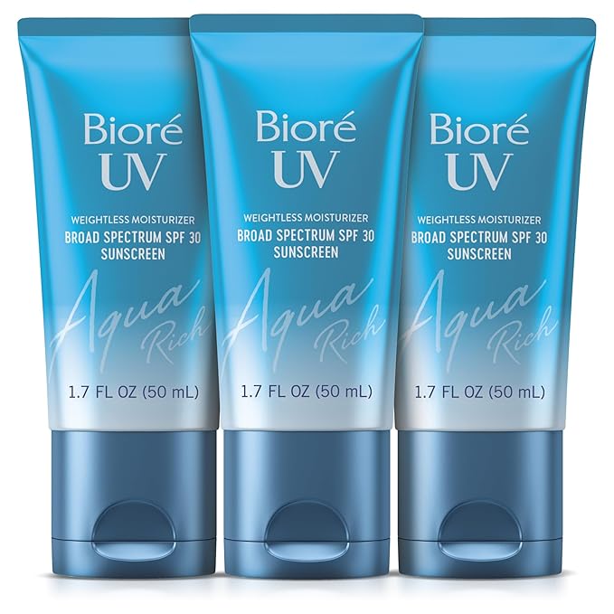 Biore UV Aqua Rich SPF 30 Daily Moisturizer Sunscreen for Face, For Sensitive Skin, Oil Free, Hyaluronic Acid, Vegan, Oxybenzone & Octinoxate Free, Dermatologist Tested, 1.7 Oz, 3pk-Velvo Beauty