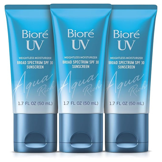 Biore UV Aqua Rich SPF 30 Daily Moisturizer Sunscreen for Face, For Sensitive Skin, Oil Free, Hyaluronic Acid, Vegan, Oxybenzone & Octinoxate Free, Dermatologist Tested, 1.7 Oz, 3pk-Velvo Beauty