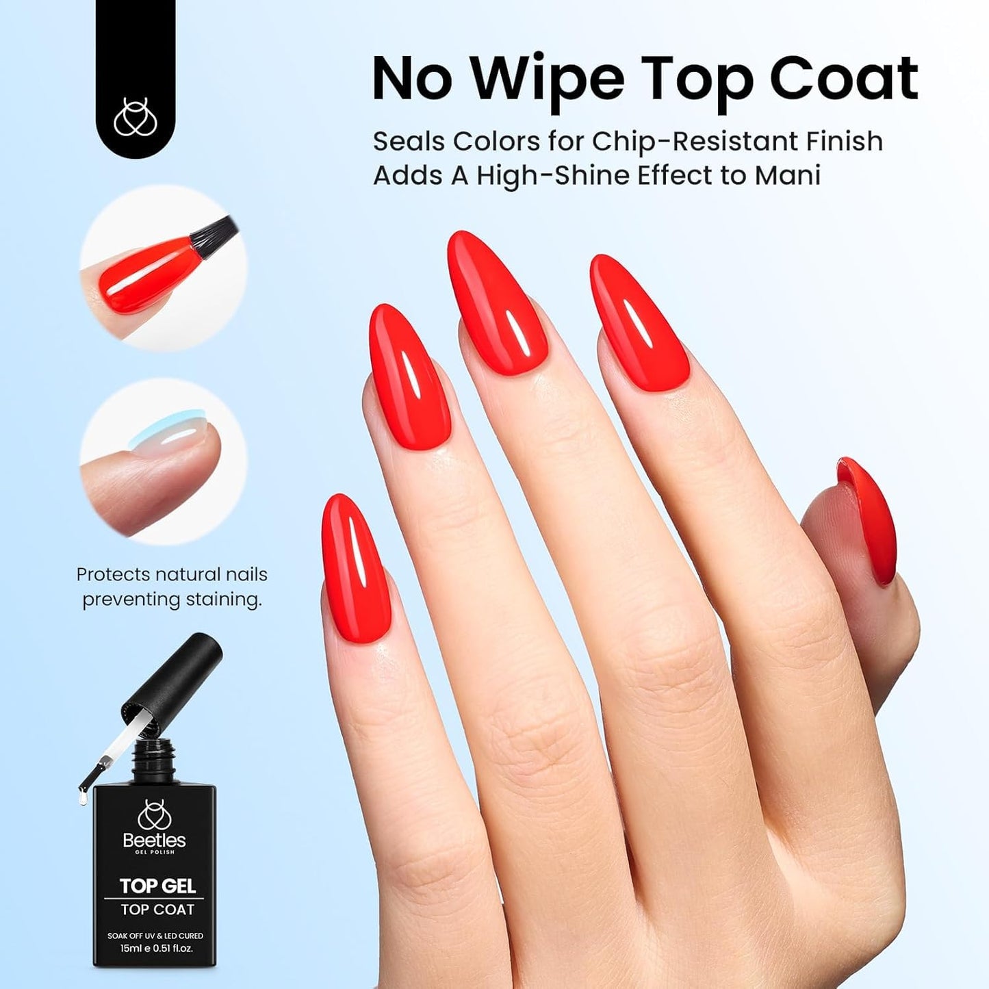 Beetles No Wipe Gel Top Coat, 15ml Top Coat Gel Nail Polish Clear Color Shine Finish and Long Lasting, Soak Off U v Nail Lamp Gift for Girls-Velvo Beauty