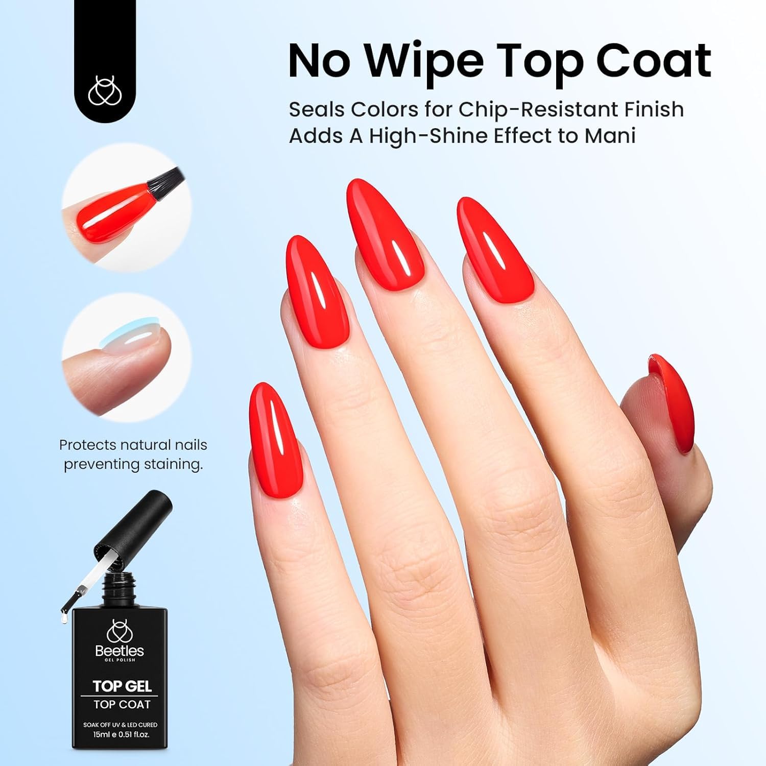 Beetles No Wipe Gel Top Coat, 15ml Top Coat Gel Nail Polish Clear Color Shine Finish and Long Lasting, Soak Off U v Nail Lamp Gift for Girls-Velvo Beauty