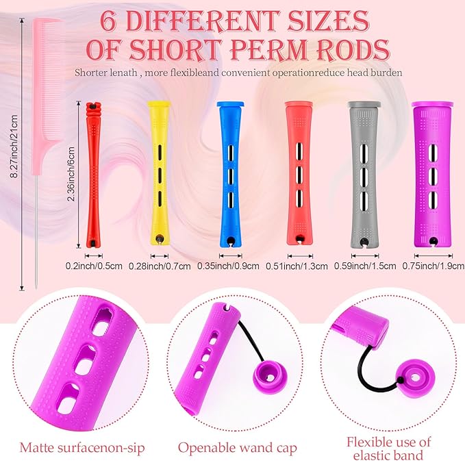 48 Pieces Hair Perm Rods Short Cold Wave Rods Plastic Perming Irons Hair Curling Rollers Curlers with Steel Pintail Comb Rat Tail Comb for Hairdressing Styling Supplies(6 Sizes,6 Colors)-Velvo Beauty