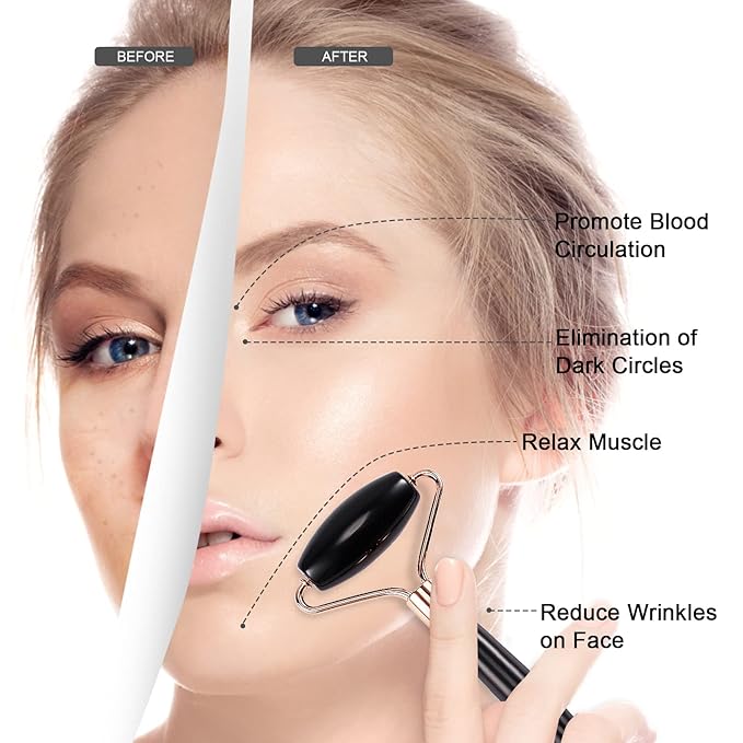 Jade Roller for Face, Facial Roller Massager Skin Care Tool, Gua Sha Facial Tools for Face, Neck, Eyes, Reduce Puffiness of The Skin (Black)-Velvo Beauty