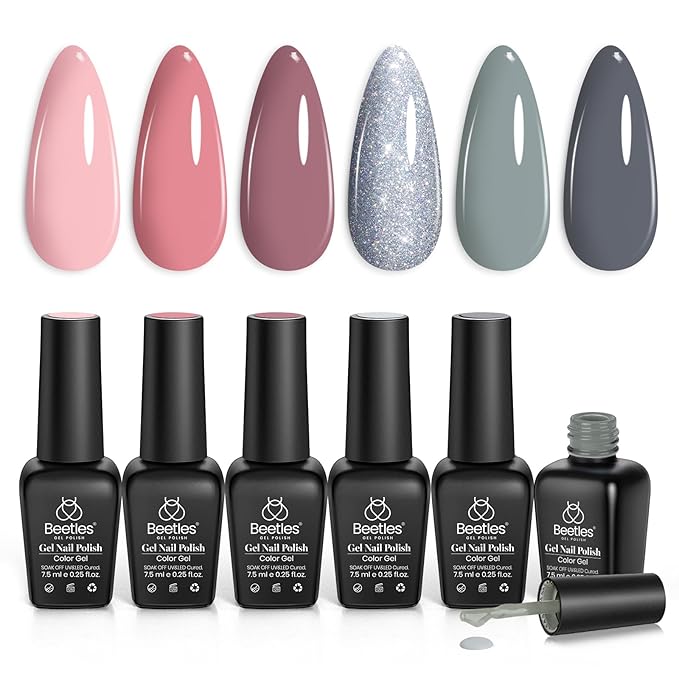 Beetles Gel Nail Polish Set 6 Colors Pink Nude Gray Glitter Gel Polish Wedding Nail Polish Bridesmaid Nail Art Design Soak Off Uv LED Lamp Needed Manicure Set Gifts for Women Bridesmaid Beauty-Velvo Beauty