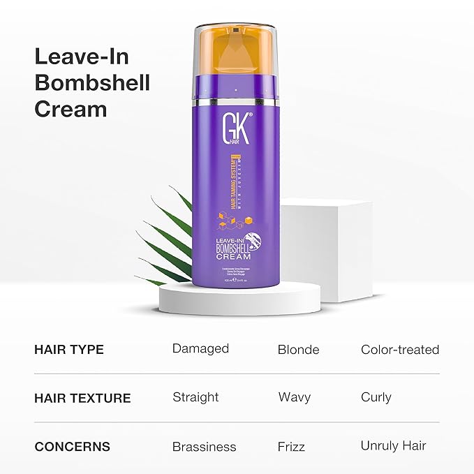 GK HAIR Global Keratin Leave In Bombshell Purple Cream (3.4 Fl Oz/100ml) Conditioning Smoothing Moisturizing Hydrating Frizz Control for Blonde Damaged Hair Removes Yellow Brassy Tones Flyaways-Velvo Beauty