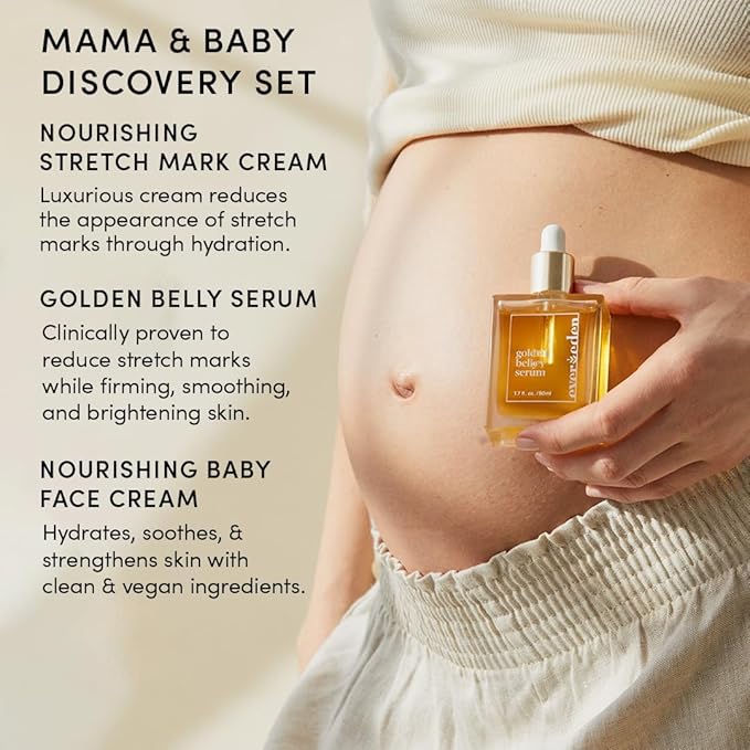 Evereden Mama & Baby Discovery Set - Dermatologist-Developed Clean & Vegan Maternity Skin Care Bundle - Stretch Mark Cream, Belly Serum, & Nourishing Baby Face Cream - Postpartum Gifts for New Mom-Velvo Beauty