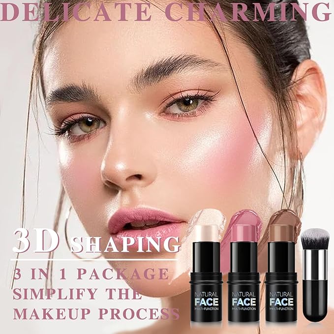 3 Pcs Cream Blush Contour Highlighter Stick for Cheeks Eyes Lips Lightweight Dewy Finish Blush Stick Waterproof Long Lasting Contour Stick Trio Wand Face Makeup Set for Girls and Women (2+5+6)-Velvo Beauty