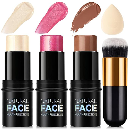 3 Pcs Contour Stick, Highlighter Stick, Blush Stick, Cream Contour Kit with Contour Brush, Create Face Contour, Non-greasy, Waterproof Long-lasting Effect for Women (1+3+4,LIGHT)-Velvo Beauty