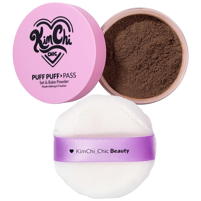 Kimchi Chic Beauty Puff Puff Pass Set and Bake Powder, Loose Face Powder with Extra Fluffy Setting Powder Puff, Soft Brown Face Makeup for Uneven Skin Tone, 08 Chocolate-Velvo Beauty