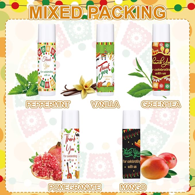 Dunzy 50 Pcs Thank You Gift Lip Balm Bulk Baby Shower Party Favors Bridal Shower Favor Lip Care with Assorted Fruit Flavors Thank You Lipstick for Guest Basket Gift Stuffer (Mexico Party)-Velvo Beauty