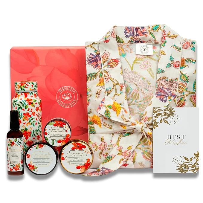 Spa Gift Set with Robe - 7 pc for New Mothers Postpartum Moms & Expecting- Luxurious Gift Set w Jasmine Candle Honey Lotion Coconut Oatmeal Body Scrub - All-Natural for Self-Care. Push present.-Velvo Beauty