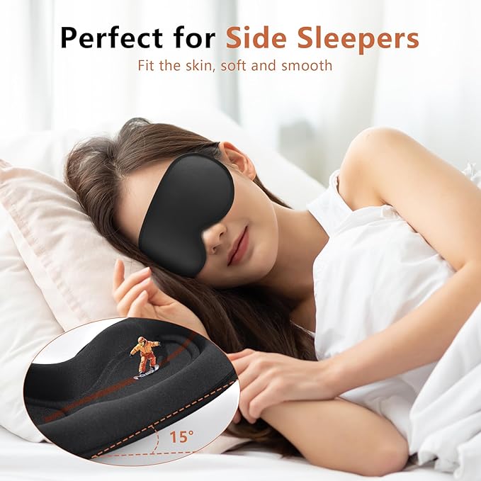 Sleep Mask for Side Sleeper Women Men, Eye Mask for Sleeping Light Blocking, 3D Contoured Cup Sleeping Mask, Soft Breathable Sleep Eye Mask with Adjustable Elastic Strap for Travel (Black)-Velvo Beauty