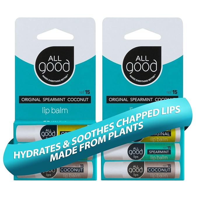 All Good Organic SPF15 Lip Balm - Hydrating Lip Care with Olive Oil, Beeswax, Calendula, Lavender, Vitamin E - Lip Moisturizer with Zinc Oxide Protection - Original, Spearmint & Coconut (6-pack)-Velvo Beauty