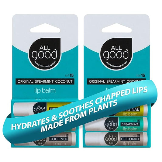 All Good Organic SPF15 Lip Balm - Hydrating Lip Care with Olive Oil, Beeswax, Calendula, Lavender, Vitamin E - Lip Moisturizer with Zinc Oxide Protection - Original, Spearmint & Coconut (6-pack)-Velvo Beauty