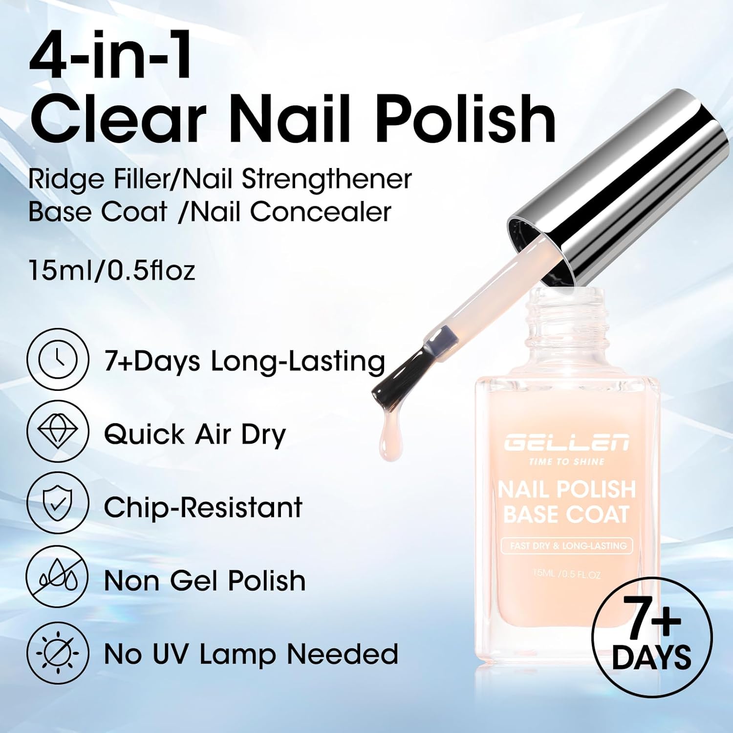 GELLEN 4‑in‑1 Clear Nail Polish Base Coat Sheer Tinted Cream Milky, Ridge Filler For Nails, Nail Strengthener Concealer, Calcium Formula Smoothes Strengthens Nails, Enhances Natural Look, HEMA Free-Velvo Beauty