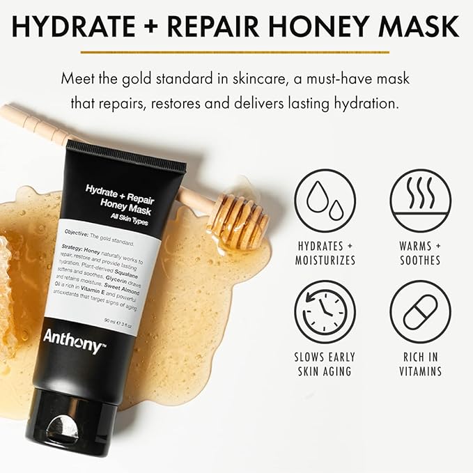 Anthony Hydrate + Repair Honey Mask, Stimulates Your Skin and Opens Pores with Honey, Vitamins C & E, Glycerin, Sweet Almond, Squalane, and Calendula, Soothes and Moisturizes Dry to Normal Skin - 3 Oz-Velvo Beauty