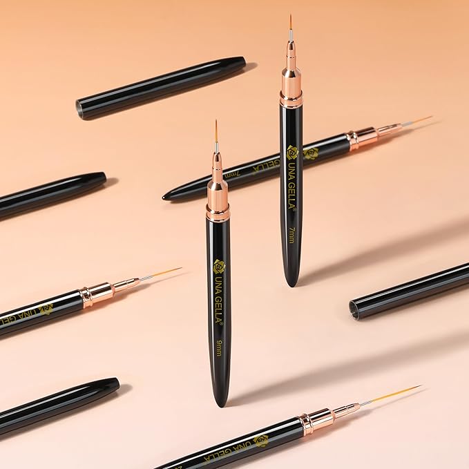 UNA GELLA Metallic Nail Art Brushes, Liner Pens Set 5Pcs Black Color For Nail Art Gel Polish - Thin Detail Nail Art Design Painting Brush Set For Nails Gel Fine Drawing Nail Tools Sizes 7/9/11/15/25mm-Velvo Beauty