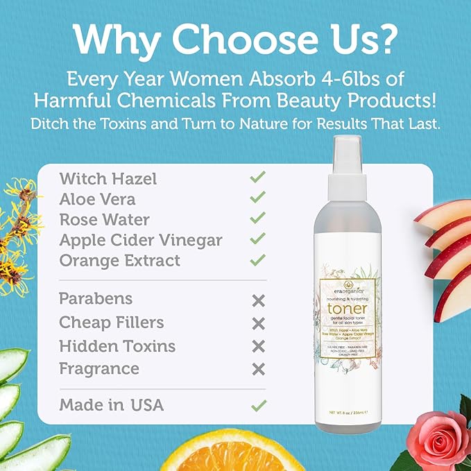 Era Organics Hydrating Toner for Face - Refreshing and Balancing Anti Aging Facial Mist with Rose Water, Apple Cider Vinegar, Witch Hazel-Velvo Beauty