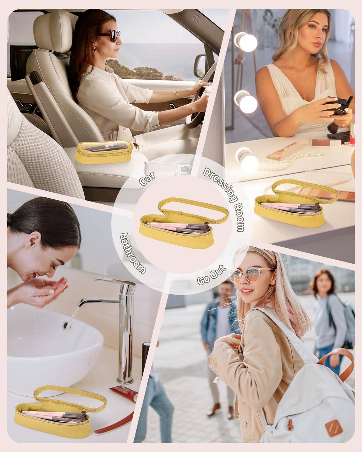 Clear Travel Makeup Brush Holder, Leather Makeup Brush Toiletry Bag, Portable Cosmetic Brush Case, Transparent Waterproof Makeup Brush Storage Bag, Yellow-Velvo Beauty