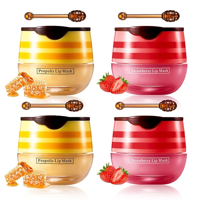 CAHIUYOA 4PCS Bee Lip Balm Honey Pot Honey & Strawberry Lip Balm Lip Mask Moisturizing Hydrating Honey Pot Lip Balm with Stick Prevention Dry & Cracked Lip Scrubs Exfoliator-Velvo Beauty