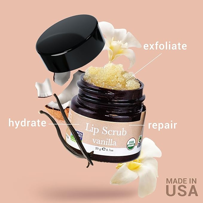Organic Lip Scrub Vanilla - USA Made Exfoliating Lip Scrub with Natural & Organic Ingredients, Moisturizing Lip Exfoliator Scrub for Dry Lips, Lip Scrubber Exfoliator & Sugar Scrub for Smooth Lips-Velvo Beauty