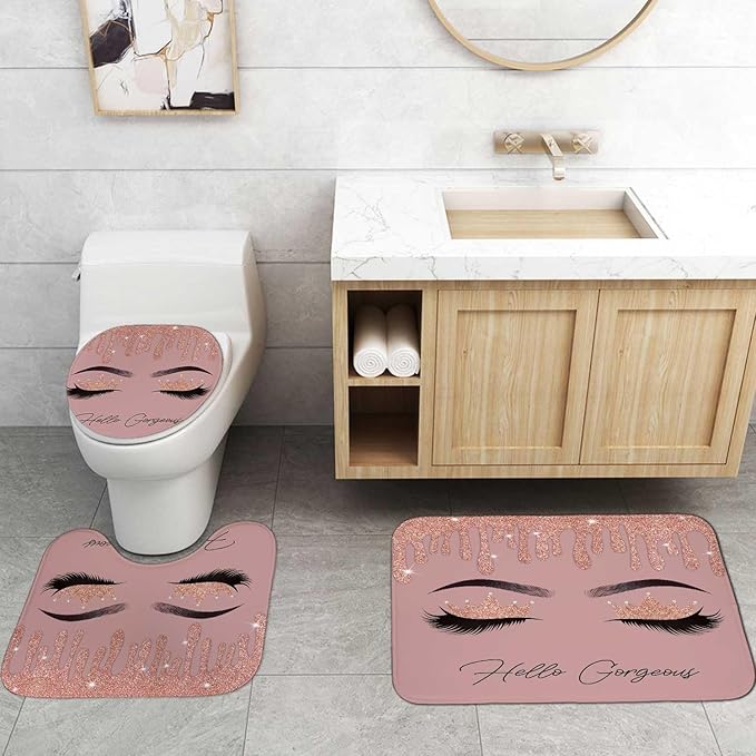 4PCS Hello Gorgeous Shower Curtain Set, Rose Gold Glitter Drip Bling Glam Diamond Crown Princess Unicorn Eyelash Girls Pink Bathroom Decor, Waterproof Fabric Shower Curtain Bath Mat Toilet Rug-Velvo Beauty