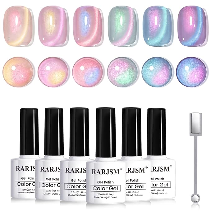 RARJSM Aurora Pearl Cat Eye Gel Nail Polish Set 6pcs Ceramic Silver Shimmer Universal Pink Green Blue Purple Orange Glitter Mermaid Swirl Shell Thread Effect with Magnet Stick Curing Requires-Velvo Beauty