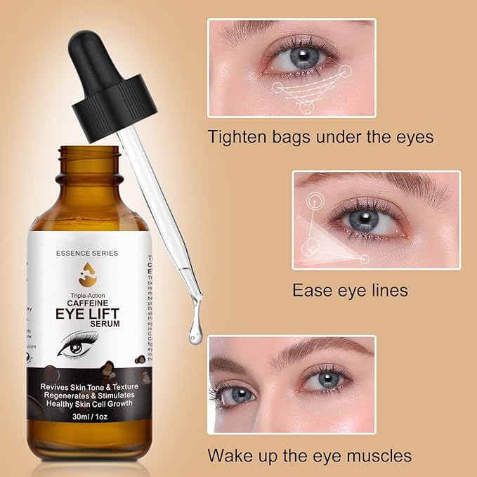 2 PCS Caffeine Eye Serum - Eye Cream for Dark Circles and Puffiness, with EGCG, Ascorbic Acid, Collagen, Caffeine Eye Lift Serum Reduces Under Eye Bags Wrinkles and Fine Lines- 2 oz/60 ml-Velvo Beauty