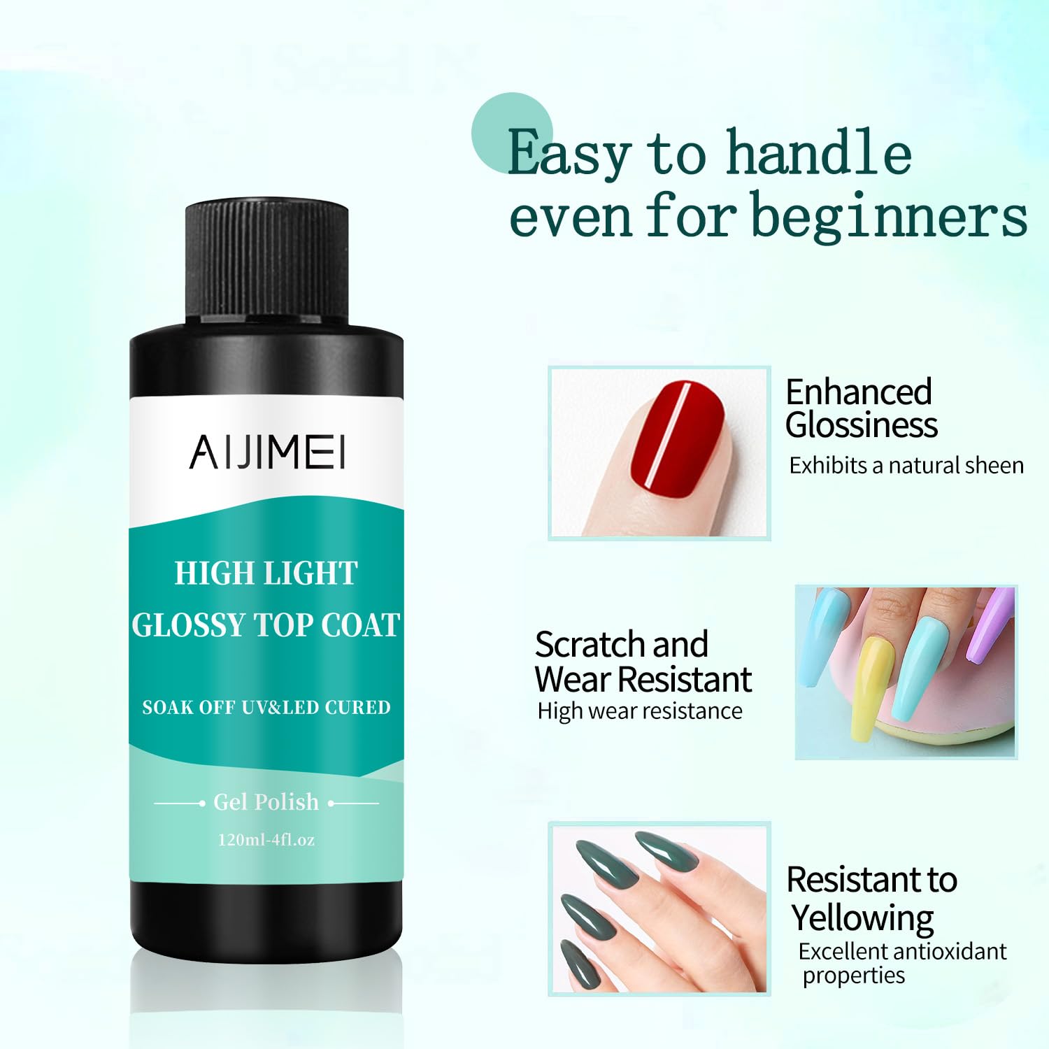 AIJIMEI 120ml High Shine Glossy Top Coat for Nails Long Lasting, Smooth TopCoat, High Light Glossy Top Coat for DIY Nail Art Use Enhance Your Manicure with Brilliant Reflection 4 Fl Oz-Velvo Beauty