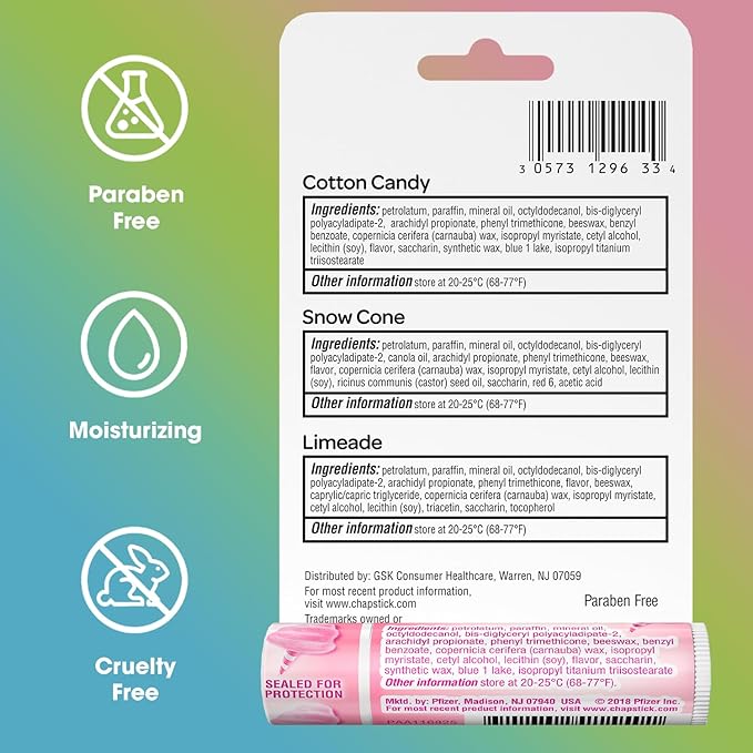 ChapStick Lip Balm, Vacation Getaway Collection (Snow Cone, Limeade, and Cotton Candy) + 2 Cotton Candy, 0.15 Oz Ea (5 Piece Set)-Velvo Beauty