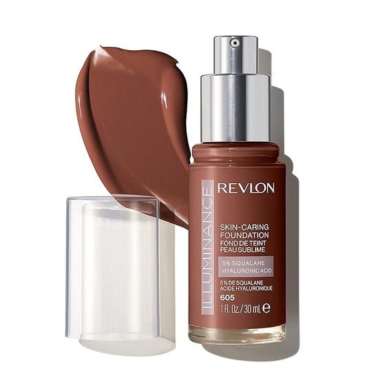 Revlon Illuminance Skin-Caring Liquid Foundation, Hyaluronic Acid, Hydrating and Nourishing Formula with Medium Coverage, 605 Rich Mahogany (Pack of 1)-Velvo Beauty
