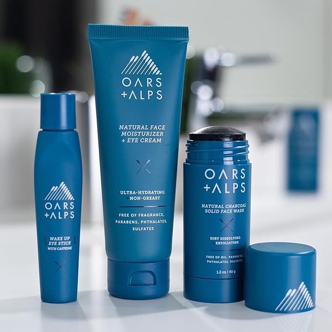 Oars + Alps Men's Skin Care Kit, Gift Set Includes Face Wash, Eye Roller, and Moisturizer, Vegan and Gluten Free, Travel Size & TSA Approved, 3 Items Total-Velvo Beauty