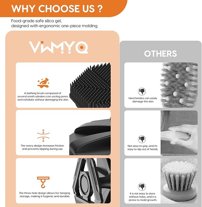 Soft Silicone Body Scrubber Brush, Non-Slip Handheld Cleansing Brush, Rich Foam, Deep Exfoliation, Brightening Skin, Comfortable Massage, for All Skin Types, Men and Women (Black)-Velvo Beauty