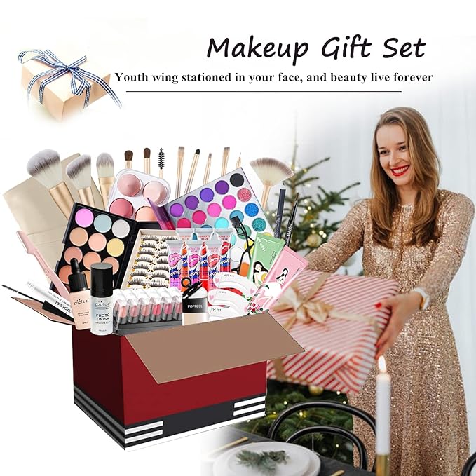 All-in-one Holiday Makeup Gift Set | Full Makeup Kit for Women Essential Starter Bundle Include Eyeshadow Palette Lipstick Blush Cream Concealer Face Powder Eyeliner Mascara Lipgloss Brush-Velvo Beauty