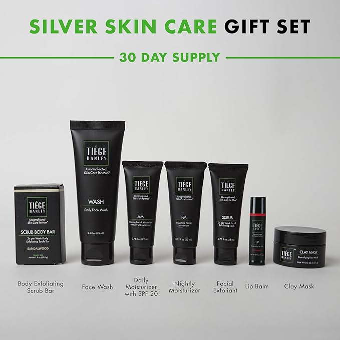 Tiege Hanley Mens Skin Care Gift Box Set, Silver - Men's Skincare Set Includes Face Wash, AM & PM Facial Moisturizer, Face Clay Mask & Scrub, Body Scrub Bar, & Moisturizing Lip Balm-Velvo Beauty